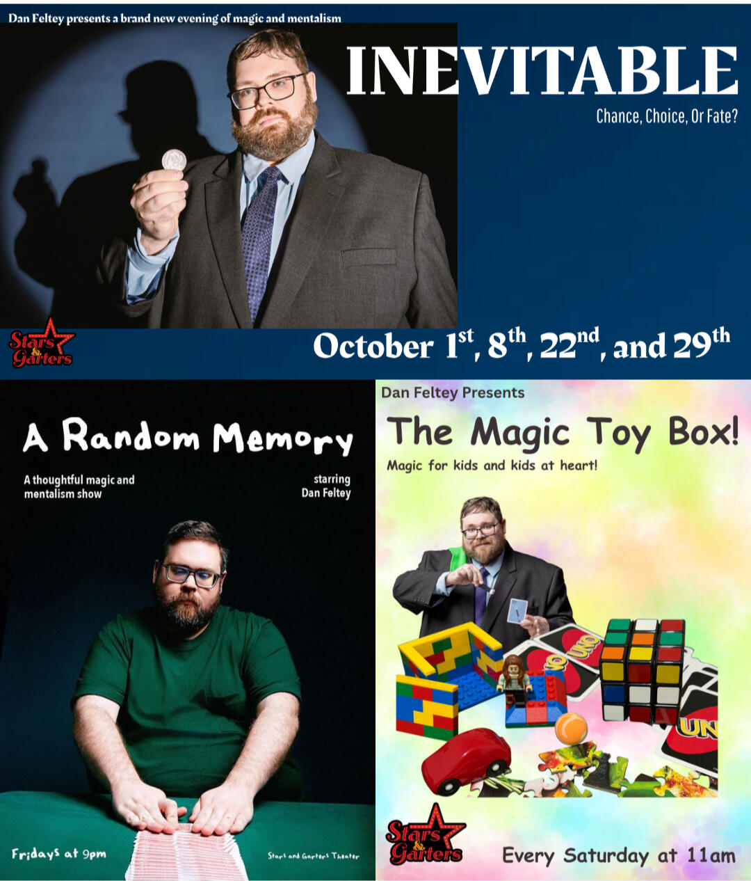 Upcoming Magic Shows A collage of magic posters for Dan's upcoming shows.